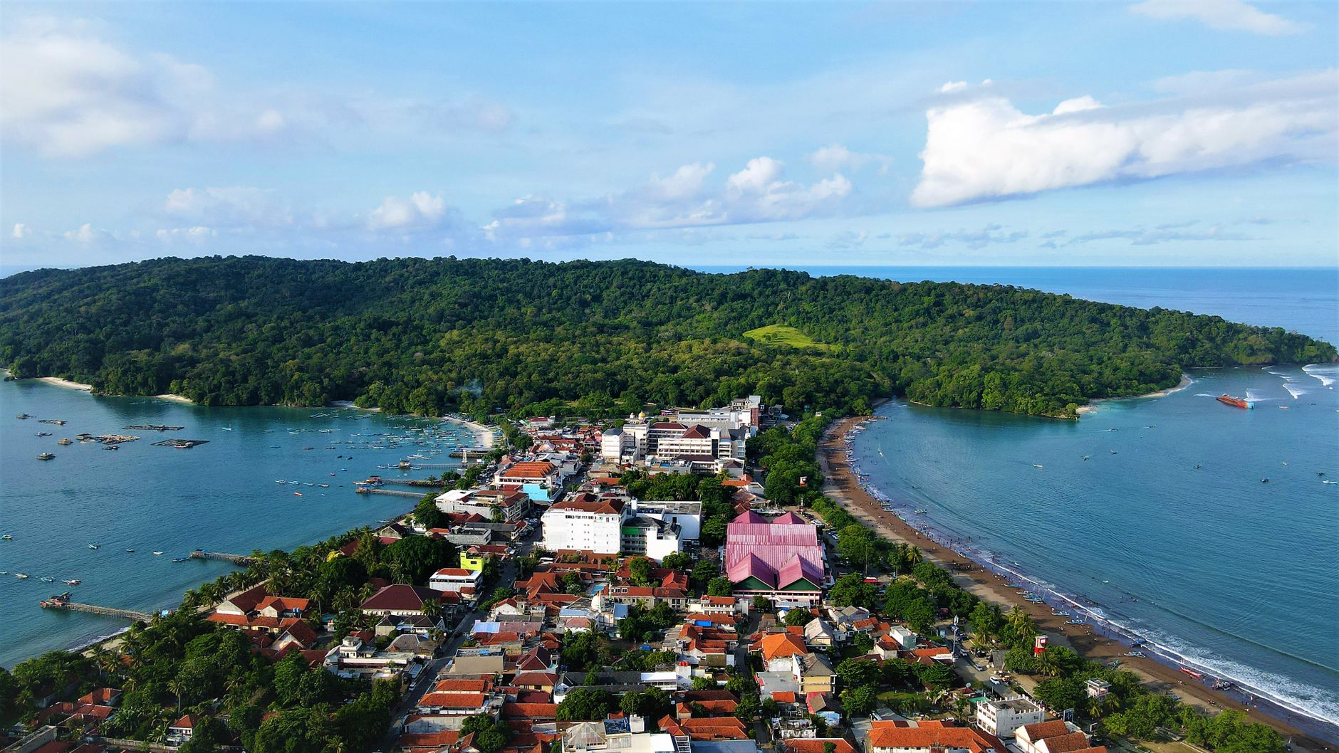 an aerial photography of pangandaran beach