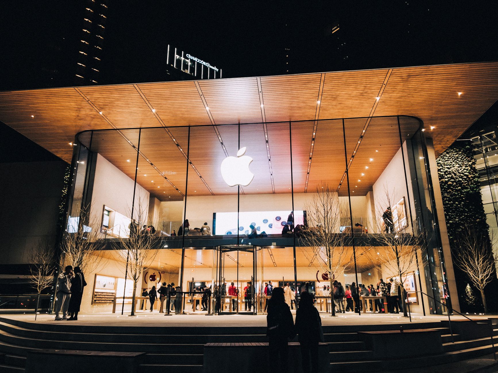 bright lights inside the apple building lobby
